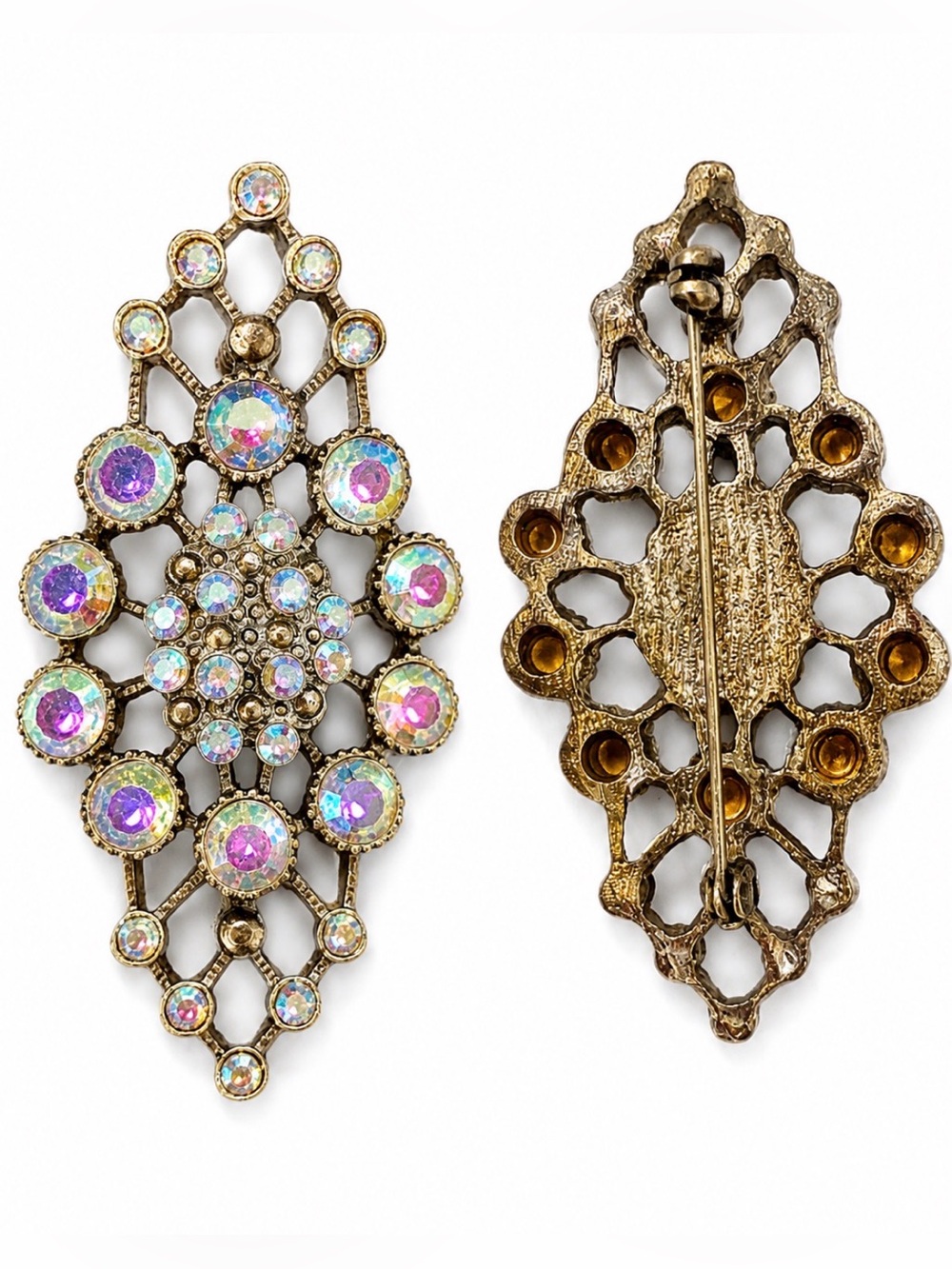 Vintage Aurora Borealis Rhinestone Brooch Gold Tone Filigree Statement Pin